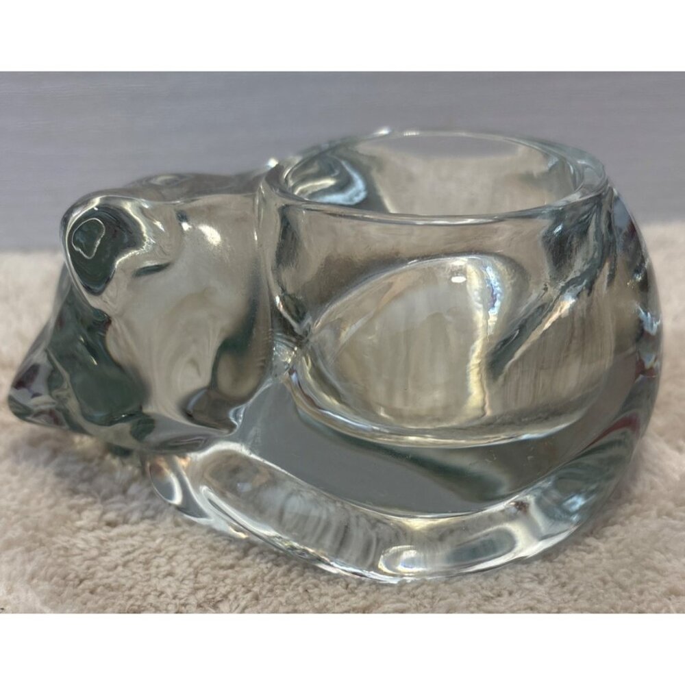 Glass Sleepy Cat Shaped Votive Tealight Candle Holder Clear 4.5" Heavy